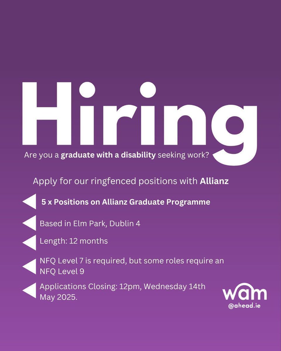 Allianz are recruiting graduates with disabilities for 5 paid and mentored graduate positions.  

All of the roles are 12 month contracts commencing in August 2025 and offering a hybrid work model of remote working 

Apply Here: buff.ly/Nnkcle0