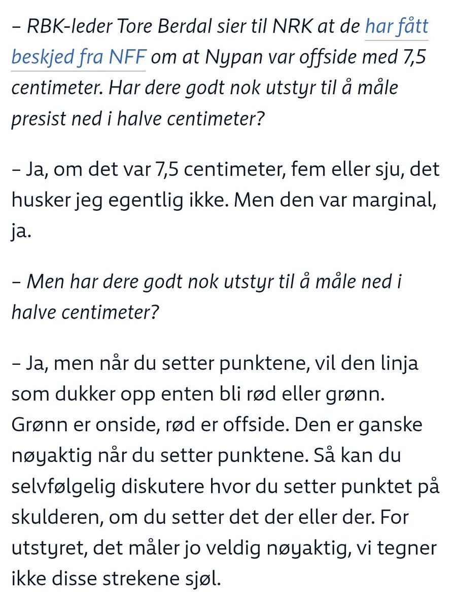 Posse (@possesandboe) on Twitter photo Oouufff... rundens mest omdiskuterte situasjon, han deler to ulike bilder av den, husker ikke om det var 5, 7 eller 7,5 cm offside og nekter å dele lyd og video fra VAR-rommet.
Men tillit til systemet, det vil han vi skal ha.
<a href="/nff_info_VAR/">Norges Fotballforbund - VAR</a>
<a href="/nff_info/">NorgesFotballforbund</a>
<a href="/NRKno/">NRK</a> Oouufff... rundens mest omdiskuterte situasjon, han deler to ulike bilder av den, husker ikke om det var 5, 7 eller 7,5 cm offside og nekter å dele lyd og video fra VAR-rommet.
Men tillit til systemet, det vil han vi skal ha.
<a href="/nff_info_VAR/">Norges Fotballforbund - VAR</a>
<a href="/nff_info/">NorgesFotballforbund</a>
<a href="/NRKno/">NRK</a>