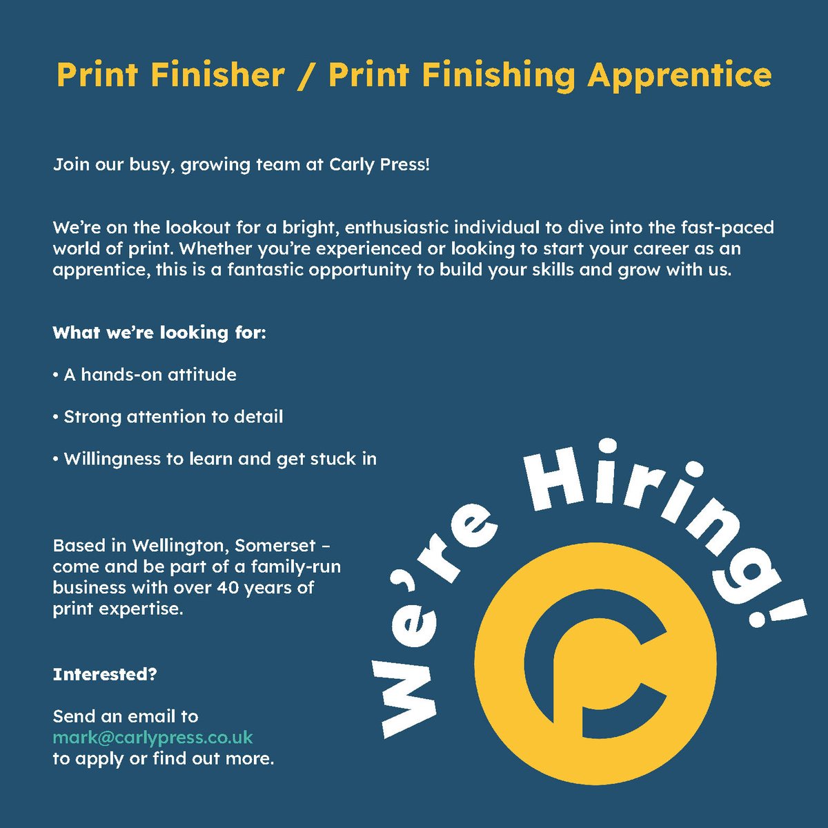 We’re Hiring: Print Finisher / Print Finishing Apprentice

Get in touch using the details below to apply and find out more about joining our lovely team! 

#JobVacancy #printindustry #familybusiness #greatopportunities