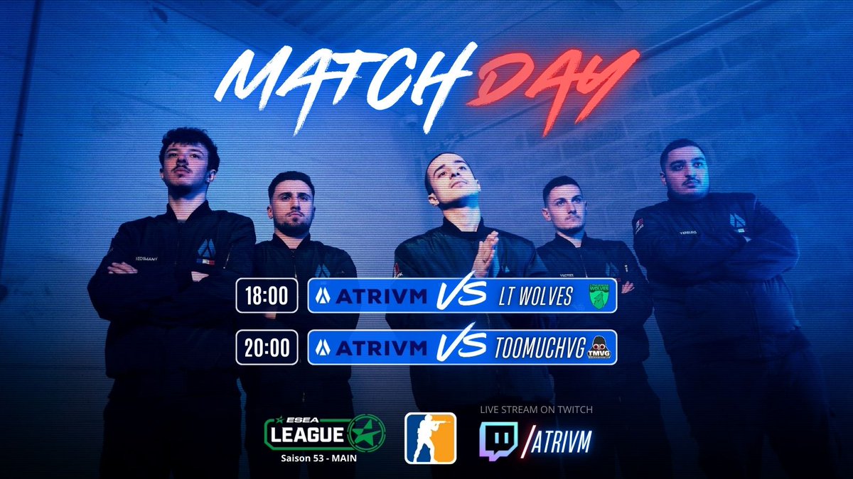 🔴 LIVE ! 
Ce soir 2 matchs <a href="/ESEA/">ESEA League</a> sur twitch.tv/ATRIVM
🎙️ Casté par <a href="/soulReadz_/">soulReadz</a> notre CEO 🫡

Talk à partir de 17:30

Venez soutenir ATRIVM 💙
Let's Go !