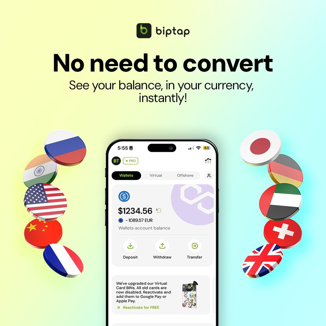 We do the conversion, so you don’t have to!

With local currency display now built into your wallet, virtual, and offshore accounts, you’ll see exactly how much you have in your local currency in real time.

A simple feature, but a game-changer for staying in control of your