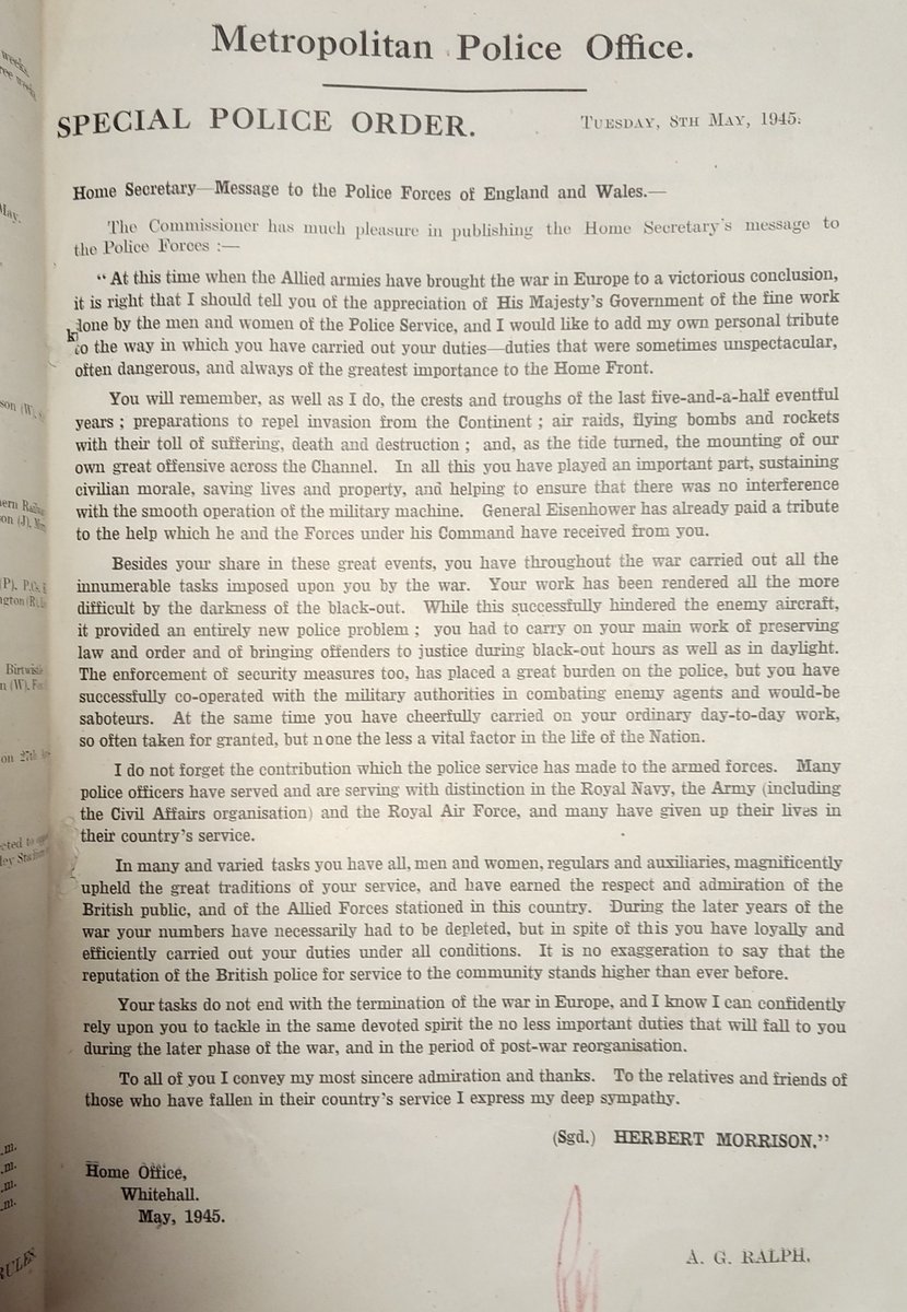 Police Orders for 8th May were business as usual (image 1), but a special one was also issued that day giving the full text of Home Secretary Herbert Morrison's address to all English &amp; Welsh police forces (image 2). #PoliceOrders #MetAtWar #VEDay2025 #VEDay #VEDay80