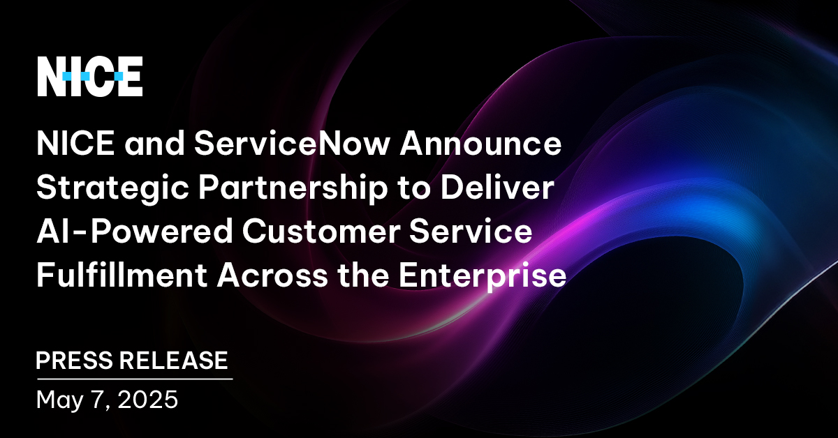 NICE (@niceltd) on Twitter photo We're thrilled to announce our strategic partnership with <a href="/ServiceNow/">ServiceNow</a>, the #AI platform for business transformation, to deliver end-to-end, fully automated customer service fulfillment. Read the press release: bit.ly/44ZU4iC We're thrilled to announce our strategic partnership with <a href="/ServiceNow/">ServiceNow</a>, the #AI platform for business transformation, to deliver end-to-end, fully automated customer service fulfillment. Read the press release: bit.ly/44ZU4iC