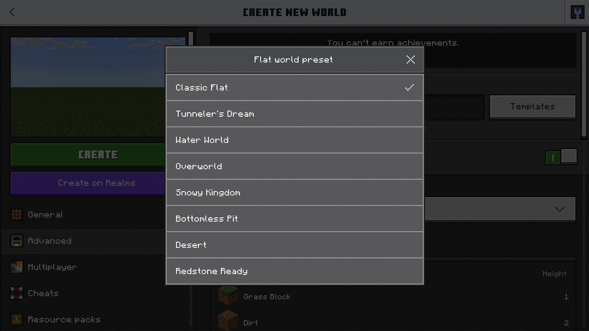 Minecraft's tweet image. Flat world presets are now out on Bedrock Edition!
Whether you prefer to build on a clean slate or have an aversion to pointy landscapes, now you can have your pick of several exciting in-game presets. Learn more: aka.ms/flatworldbedro…