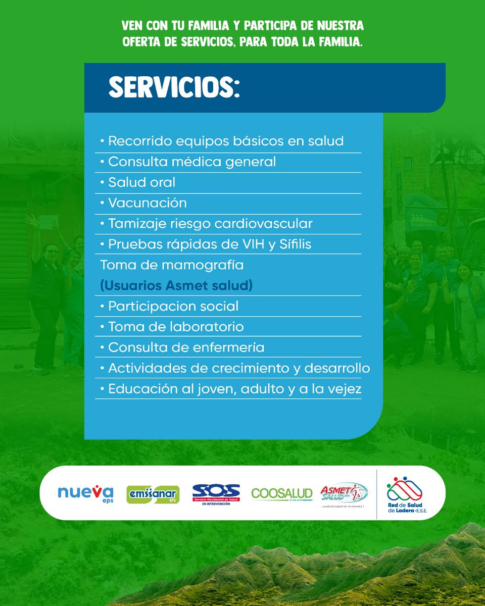 ¡Comuna 20, nos vemos este jueves 8 de mayo!
Llega nuestra jornada de salud integral al Parque de la Horqueta, de 8:00 a.m. a 12:00 m.
Servicios gratuitos: medicina general, vacunación, salud oral ¡y más! También haremos recorridos casa a casa con nuestros #EquiposBásicosEnSalud