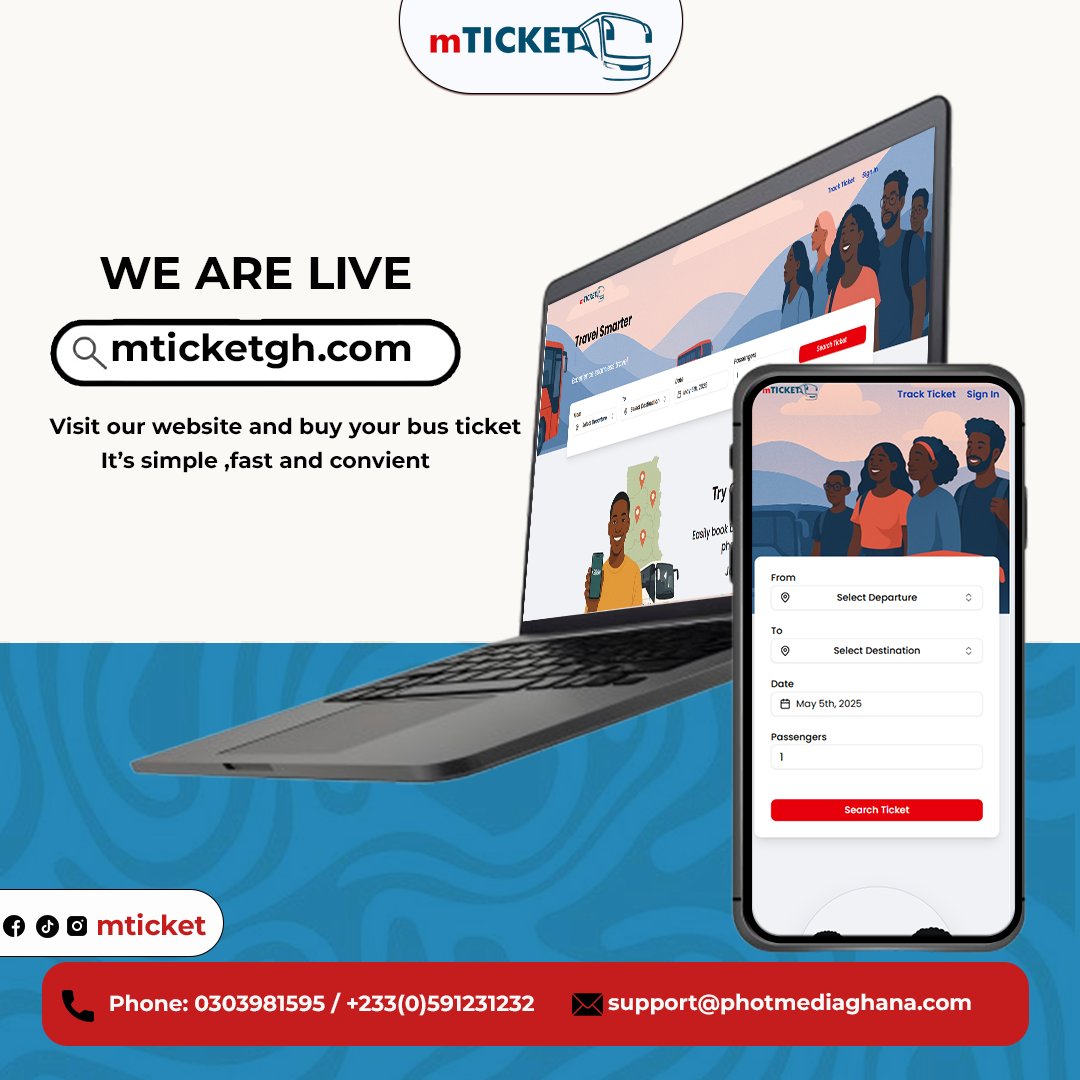 photmedia's tweet photo. Say Goodbye to Long Queues!
🚍 Whether you're traveling with STC, Royal VIP, VVIP Jeoun, Vision Express, OA Travel, or any other top bus service in Ghana — booking your ticket has never been easier!
✨ With mTicket, simply dial *265# or visit 👉 https://t.co/MVw834mypk. https://t.co/wMNkm4xVHH