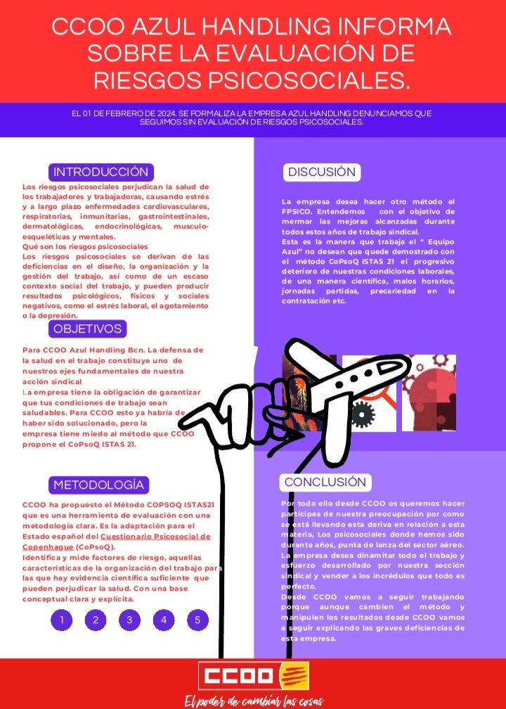 <a href="/INSST_MITES_GOB/">INSST</a> puede alguien entender porqué <a href="/AzulHandling/">Azul Handling</a> en #Bcn no dispone de una evaluación de #Psicosociales.
Nosotros <a href="/AeriCcoo/">Sector Aeri CCOO Cat</a> <a href="/aereoccoo/">Sector Aéreo CCOO</a> <a href="/ccoosalutlab/">Salut Laboral CCOO</a> <a href="/ISTASF1M/">ISTAS</a> te lo explicamos.
Será que la empresa vinculada a <a href="/Ryanair_ES/">Ryanair España</a> tiene miedo de los resultados. #EquipoAzulSufre