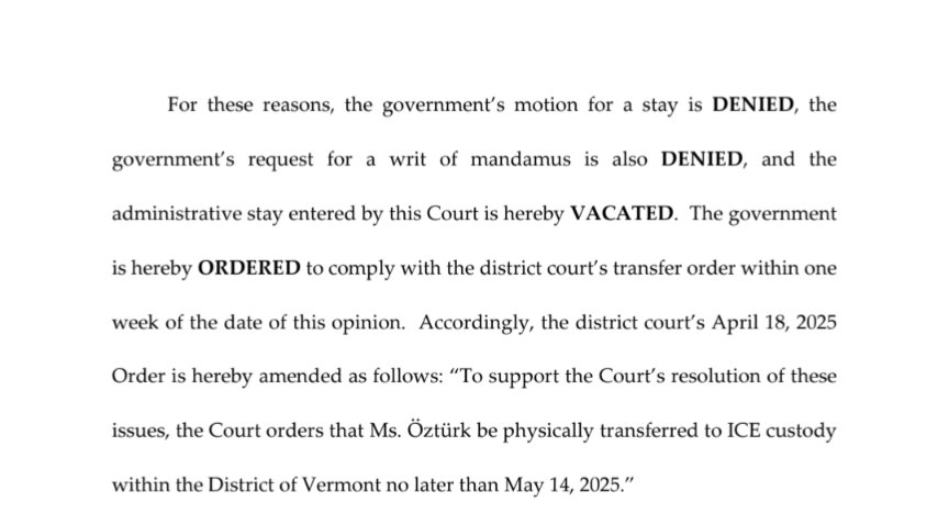 MuslimJustice's tweet image. Breaking: federal appeals court orders that the government move Rumeysa Öztürk to Vermont by May 14!
ww3.ca2.uscourts.gov/decisions/isys…
