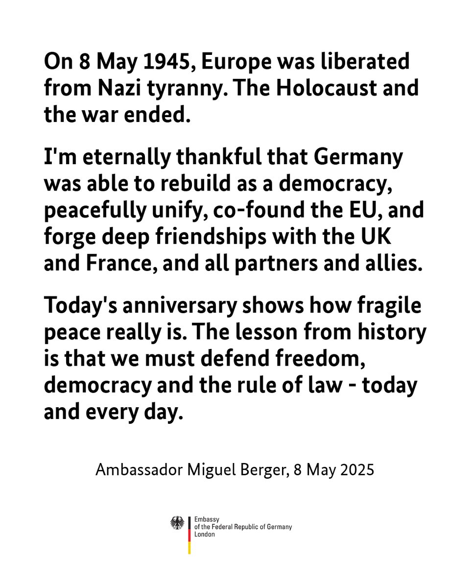 Today marks 80 years since the Second World War came to an end in Europe. #VEDay80
