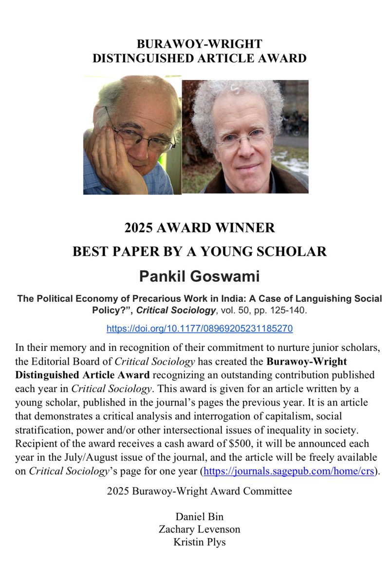 Mike McCarthy (@its_mccarthy) on Twitter photo Congratulations to Pankil Goswami whose paper, “The Political Economy of Precarious Work in India: A Case of Languishing Social Policy?” won the <a href="/CritSoc/">Critical Sociology</a> Burawoy-Wright Distinguished Article Award. Great work by the committee! Congratulations to Pankil Goswami whose paper, “The Political Economy of Precarious Work in India: A Case of Languishing Social Policy?” won the <a href="/CritSoc/">Critical Sociology</a> Burawoy-Wright Distinguished Article Award. Great work by the committee!