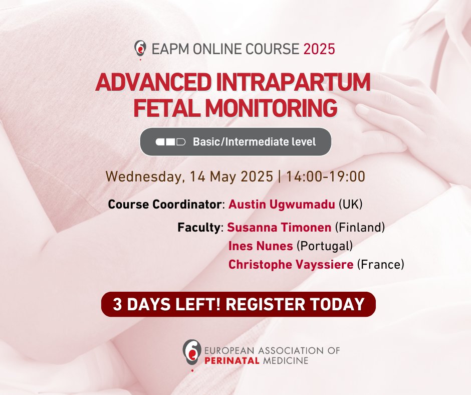 3 days left to join leading experts Online to advance your knowledge and expertise on  #Intrapartum #Fetal #Monitoring, taking place on Wednesday, 14 May 2025.

Register now👉: bit.ly/Fetal-Monitori…

#obgyn #fetus #fetalmedicine #perinatalmedicine #midwife #laboranddelivery