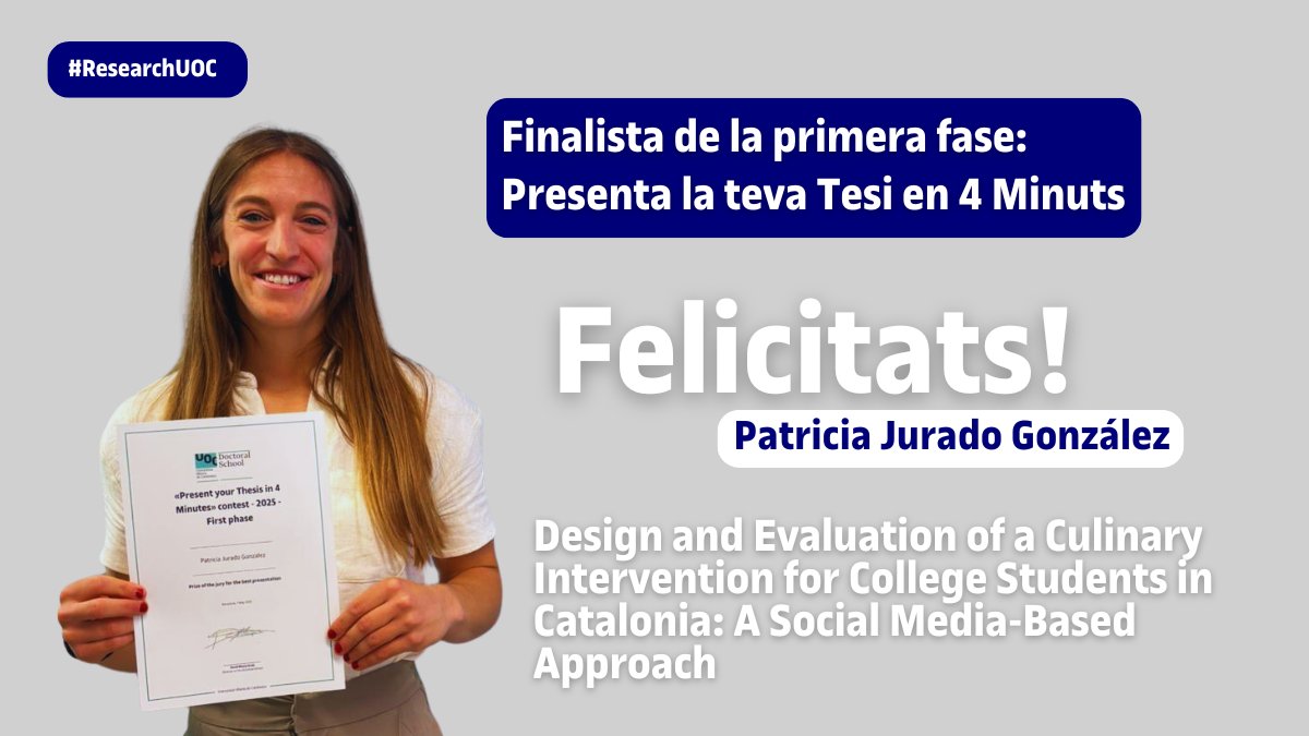 UOC Doctoral School (@uocphd) on Twitter photo 🙋♀️ Patricia Jurado González, doctoranda de #Salut i Psicologia de la <a href="/UOCphd/">UOC Doctoral School</a>, representarà la UOC a la final del concurs #TesiEn4Minuts!
🎓 La seva recerca tracta sobre una intervenció culinària per a universitaris.
👏 Enhorabona! 😊
#ResearchUOC #FinalTesi4min 🙋♀️ Patricia Jurado González, doctoranda de #Salut i Psicologia de la <a href="/UOCphd/">UOC Doctoral School</a>, representarà la UOC a la final del concurs #TesiEn4Minuts!
🎓 La seva recerca tracta sobre una intervenció culinària per a universitaris.
👏 Enhorabona! 😊
#ResearchUOC #FinalTesi4min