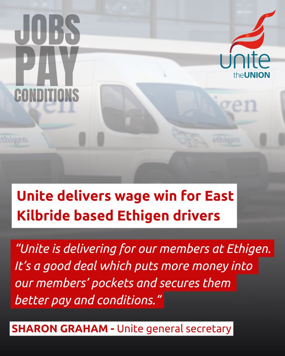 Sharon Graham (@unitesharon) on Twitter photo 🔥 <a href="/unitetheunion/">Unite the union: join a union</a> delivers wage win for East Kilbride based Ethigen drivers 🚐
An extra £1,600 secured with better terms and conditions
💬 It’s a good deal which puts more money into our members’ pockets. #JobsPayConditions 🔥 <a href="/unitetheunion/">Unite the union: join a union</a> delivers wage win for East Kilbride based Ethigen drivers 🚐
An extra £1,600 secured with better terms and conditions
💬 It’s a good deal which puts more money into our members’ pockets. #JobsPayConditions