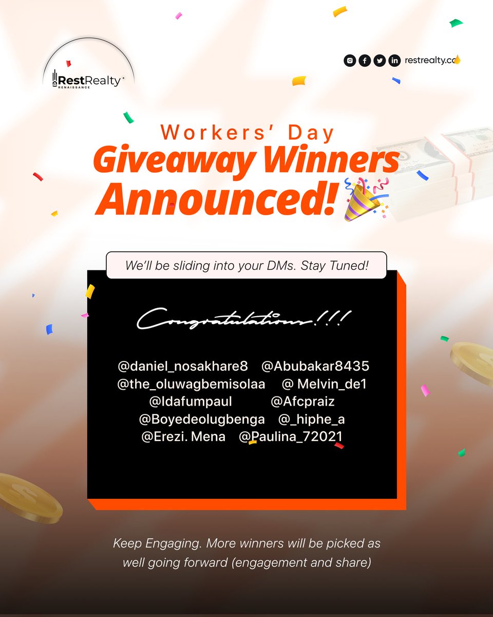 Restrealtyco's tweet photo. Good afternoon.
Congrats! You're one of our worker's day giveaway winners! 🎉
Kindly send in your account details for your gift.
#land #palladiocourt #restrealty https://t.co/hXXgxmyW5U
