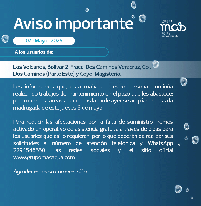 GrupoMASAgua's tweet photo. Aviso importante
A los usuarios de Los Volcanes, Bolívar 2, fracc. Dos Caminos Veracruz, Dos Caminos (Parte Este) y Coyol Magisterio. 💧👷
#GrupoMAS #Veracruz https://t.co/RsHzU8jl8H