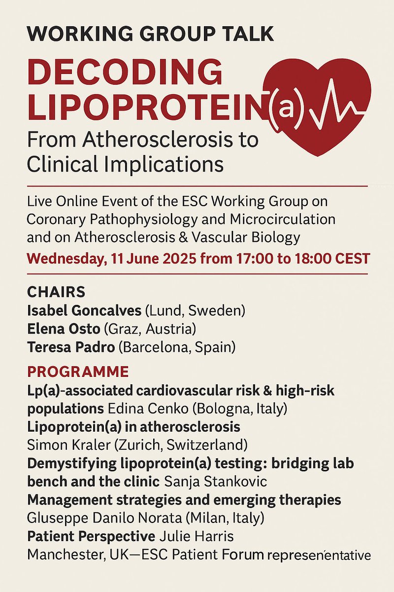 Edina Cenko (@edinacenko) on Twitter photo Dont miss the #WGCPM_ESC & #WGAVB_ESC next online event!
Learn about the impact of Lp(a) & emerging therapies
Register 👉tinyurl.com/msdbh2jd
<a href="/WGCPMChair/">ESC WG on CPM Chairperson</a> <a href="/ESCWGAVBChair/">ESC WG on Atherosclerosis & Vascular Biology Chair</a> <a href="/escardio/">European Society of Cardiology</a>
#ESC #CardioEd #cardiotwitter Dont miss the #WGCPM_ESC & #WGAVB_ESC next online event!
Learn about the impact of Lp(a) & emerging therapies
Register 👉tinyurl.com/msdbh2jd
<a href="/WGCPMChair/">ESC WG on CPM Chairperson</a> <a href="/ESCWGAVBChair/">ESC WG on Atherosclerosis & Vascular Biology Chair</a> <a href="/escardio/">European Society of Cardiology</a>
#ESC #CardioEd #cardiotwitter