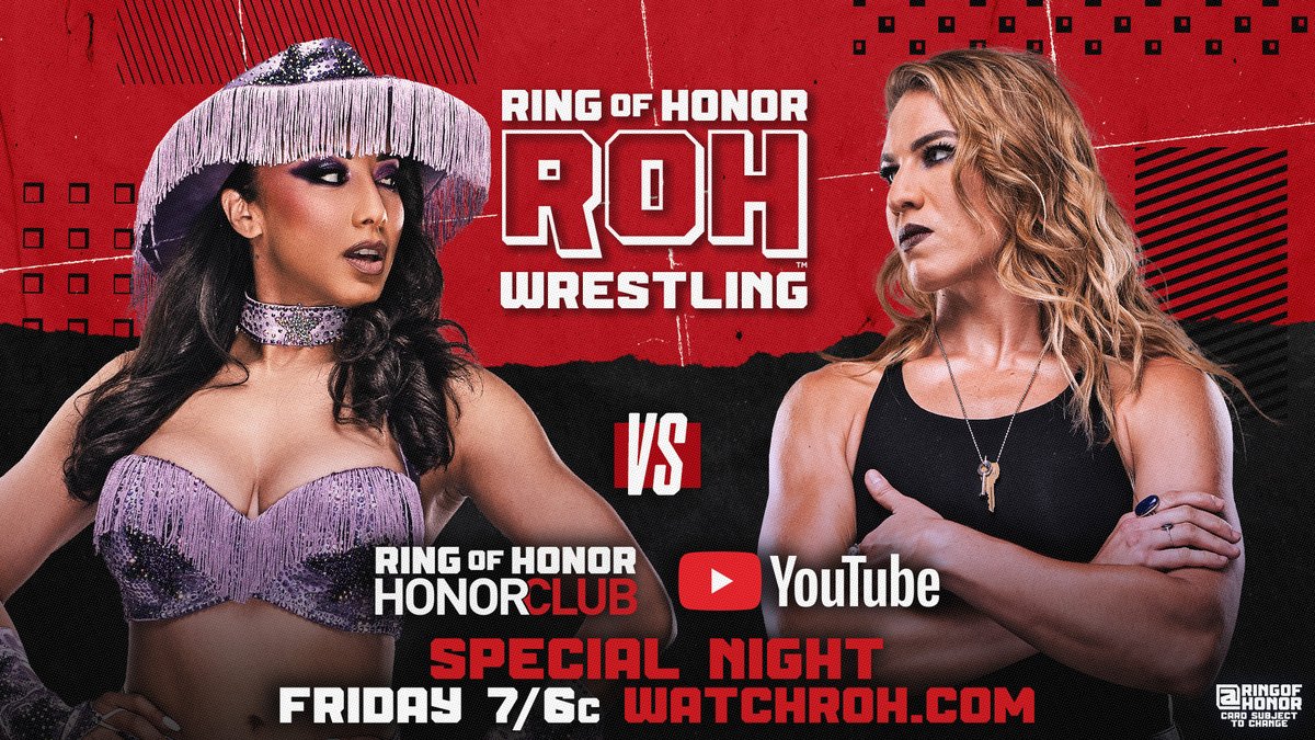 ROH - Ring of Honor Wrestling (@ringofhonor) on Twitter photo ROH Women's Pure Title Tournament participant <a href="/Miss_LeilaGrey/">Leila Grey</a> goes head-to-head against <a href="/MarinaShafir/">Marina Shafir</a> of the Death Riders!
📺 Watch ROH TV this FRIDAY at WatchROH.com & the Official ROH YouTube channel 7/6c ROH Women's Pure Title Tournament participant <a href="/Miss_LeilaGrey/">Leila Grey</a> goes head-to-head against <a href="/MarinaShafir/">Marina Shafir</a> of the Death Riders!
📺 Watch ROH TV this FRIDAY at WatchROH.com & the Official ROH YouTube channel 7/6c