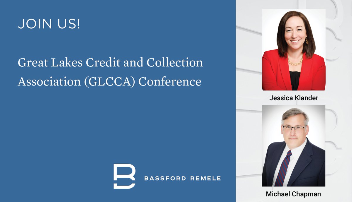 BassfordRemele's tweet image. Jessica Klander and Michael Chapman will be at the GLCCA Conference, sponsoring, moderating, and presenting!
bassford.com/news/jessica-k…
#GLCCA2025 #CreditAndCollections #ConsumerFinance #BassfordRemele