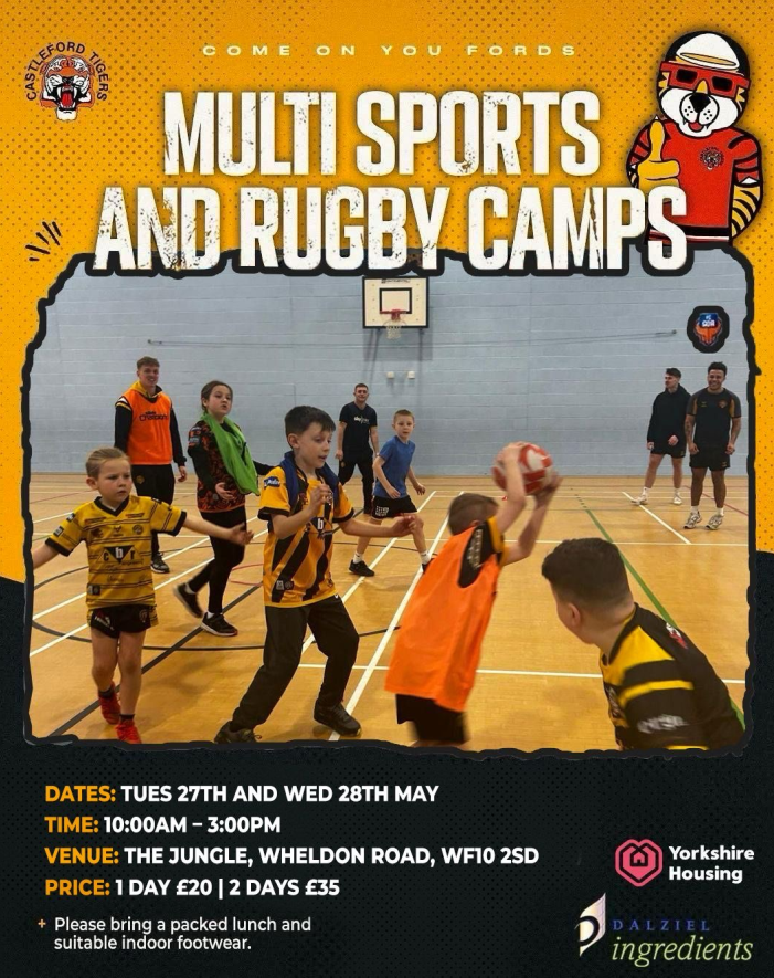 Please see information for May half term holiday camps offered through Castleford Tigers. Please see booking links and information below,
BOOK HERE: 1 day £20
castlefordtigers.com/multisportscam…
BOOK HERE: 2 days £35
castlefordtigers.com/multisportscam…