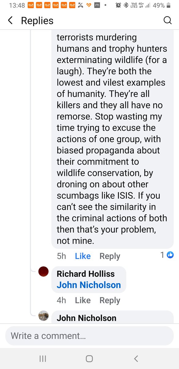 John58784's tweet image. See some of the insane comments on #exposetrophyhunting FB account. This clown conflates ISIS and hunting tourists as being criminals!