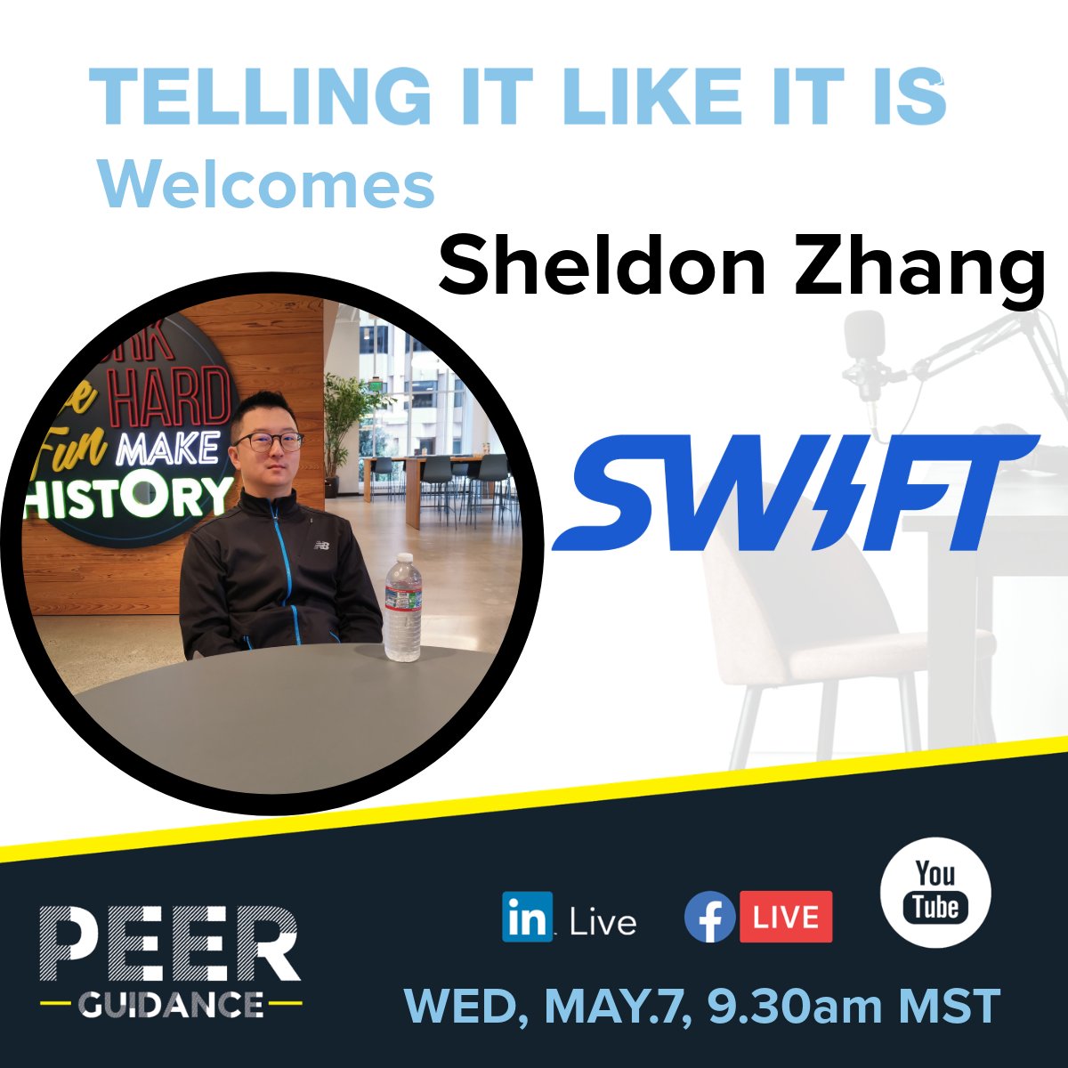 Peer Guidance - Telling It Like It Is (@peer_guidance) on Twitter photo Sheldon Zhang #tellingitlikeitis how Swift Charge is revolutionizing long-distance EV travel with their hospitality EV charging network  Wed, May.7, 9.30am MST
Watch Live
Linkedin -  bit.ly/4hytzob
Facebook - bit.ly/4hrkmhL
YouTube - bit.ly/3C68BwL Sheldon Zhang #tellingitlikeitis how Swift Charge is revolutionizing long-distance EV travel with their hospitality EV charging network  Wed, May.7, 9.30am MST
Watch Live
Linkedin -  bit.ly/4hytzob
Facebook - bit.ly/4hrkmhL
YouTube - bit.ly/3C68BwL
