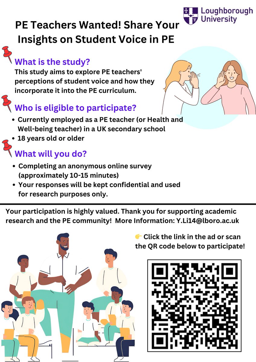 Hi everyone! I'm recruiting UK secondary PE teachers for a short (12–15 min) survey exploring their views on student voice in PE.
If you're interested—or know someone who might be—please follow the link or feel free to share:
👉lnkd.in/g7igchTV
