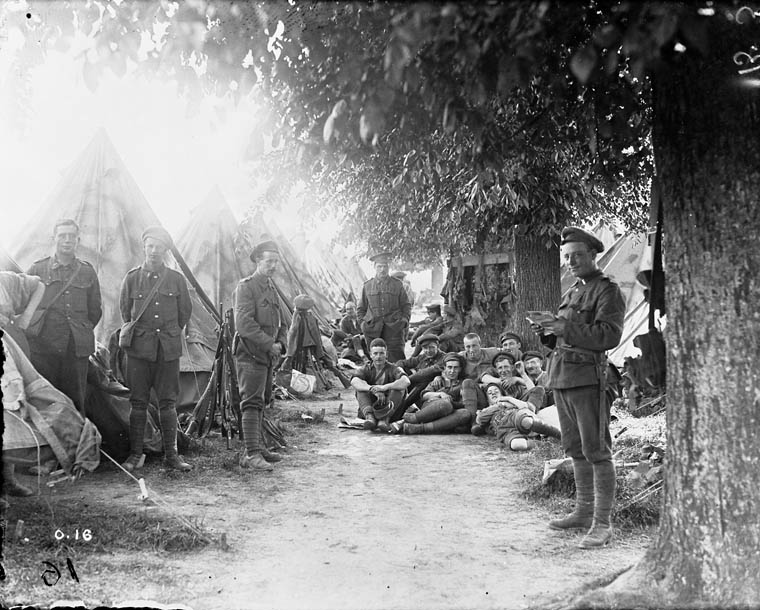 May 1916, members of the 8th Infantry Battalion (90th Winnipeg Rifles) resting at their billets, likely following their involvement in the Battle of St. Eloi Craters in April 1916. Their next major engagement would come in July, when the battalion joined the fighting on the Somme