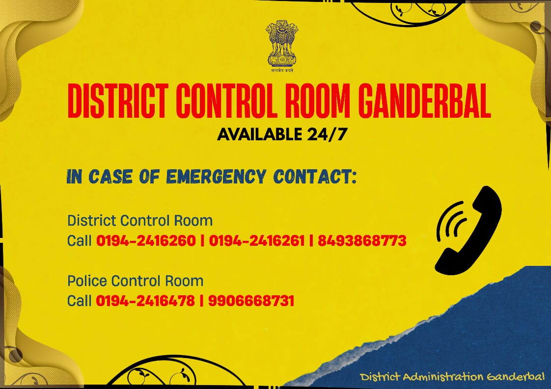 Deputy Commissioner Ganderbal (@dcganderbal) on Twitter photo District Admin Gbl has established a 24x7 Control Room.
In case of emergency, the general public is advised to contact:
District Control Room: 0194-2416260, 0194-2416261, 8493868773
Police Control Room: 0194-2416478, 9906668731
<a href="/OfficeOfLGJandK/">Office of LG J&K</a>
<a href="/CM_JnK/">Office of Chief Minister, J&K</a>
<a href="/JatinKishore7/">Jatin Kishore</a>
<a href="/diprjk/">Information & PR, J&K</a> District Admin Gbl has established a 24x7 Control Room.
In case of emergency, the general public is advised to contact:
District Control Room: 0194-2416260, 0194-2416261, 8493868773
Police Control Room: 0194-2416478, 9906668731
<a href="/OfficeOfLGJandK/">Office of LG J&K</a>
<a href="/CM_JnK/">Office of Chief Minister, J&K</a>
<a href="/JatinKishore7/">Jatin Kishore</a>
<a href="/diprjk/">Information & PR, J&K</a>
