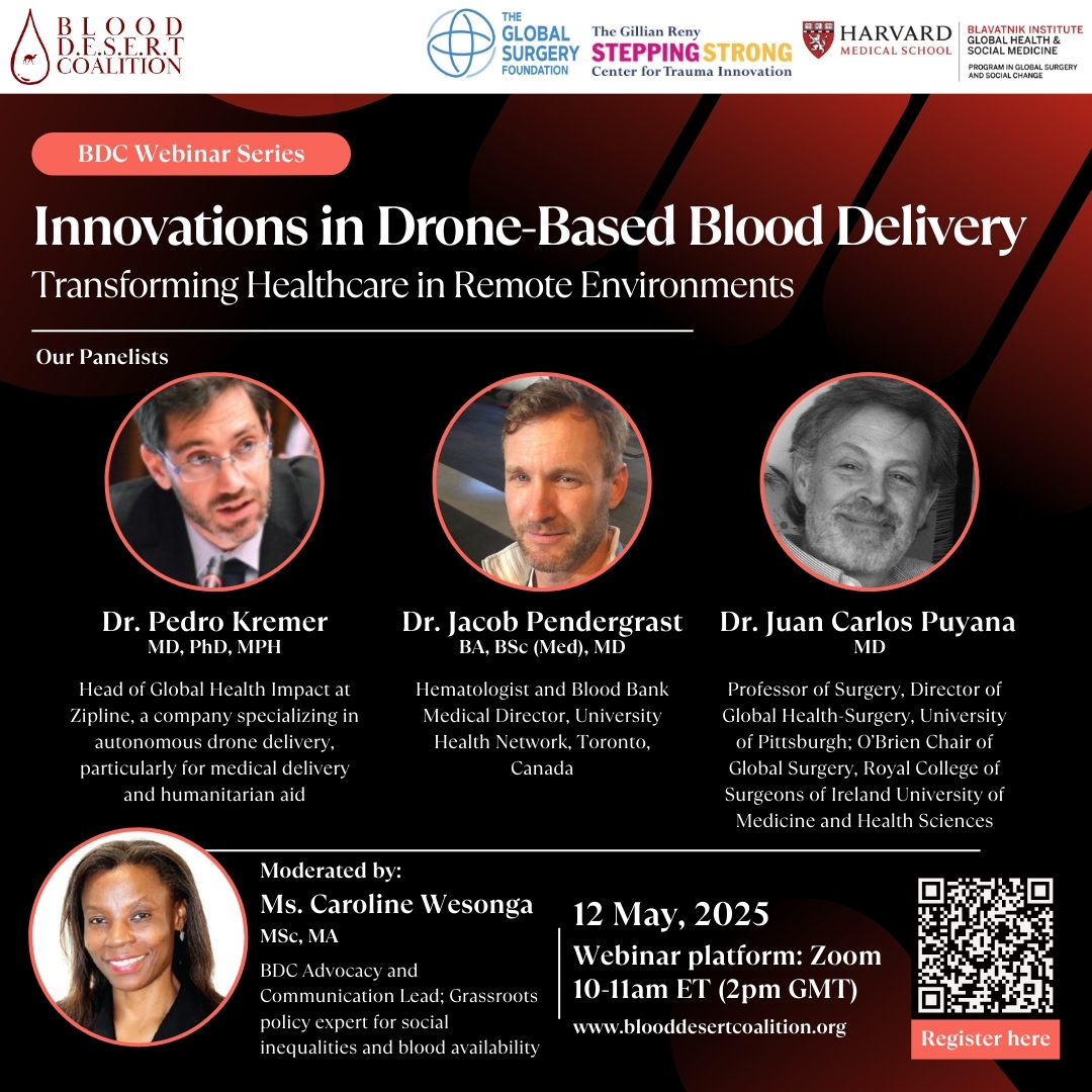 📣 Join us virtually on May 12th for a discussion with Drs. Pedro Kremer, Jacob Pendergrast, and Juan Carlos Puyana, on the utility of drone-based delivery technology as one potential strategy to help tackle the global #BloodDesert crisis!🌍🩸

🖥️Register: tinyurl.com/DBD-webinar