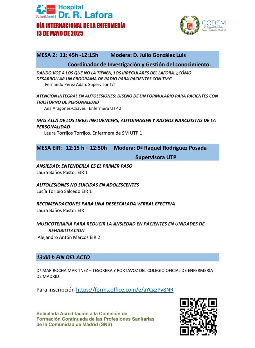 📍El próximo 13 de mayo, el Hospital Psiquiátrico Doctor Rodríguez Lafora abre sus puertas para conmemorar el Día Internacional de la Enfermería con una jornada centrada en el conocimiento, la innovación y el cuidado en salud mental.
Inscríbete aquí:💡 lnkd.in/diEg6hvJ