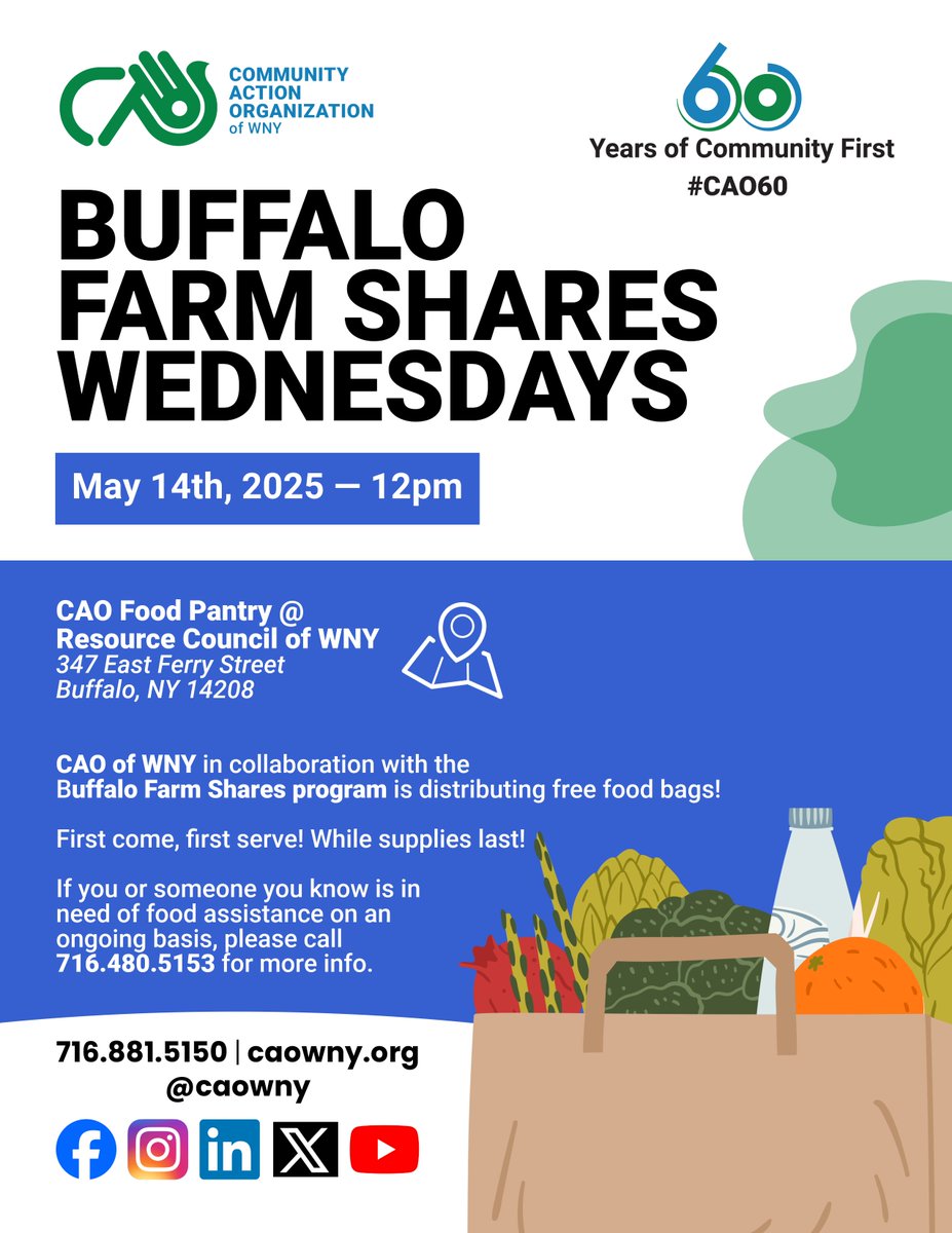 🌱 Free food bags this Wednesday!

Join us May 14 at 12 PM @ 347 E. Ferry St., Buffalo.
First come, first served—while supplies last!

📞 Call 716-480-5153 for ongoing food support.

#CAOWNY #CAO60 #BuffaloFarmShares #BuffaloNY #FoodAccess