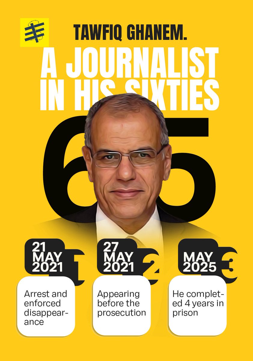 Freedom for Tawfiq Ghanem. 

Journalist with more than 30 years of professional experience, during which he held important positions in major media organizations before retiring in 2015, and is a member of the International Press Institute (IPI) and other international press