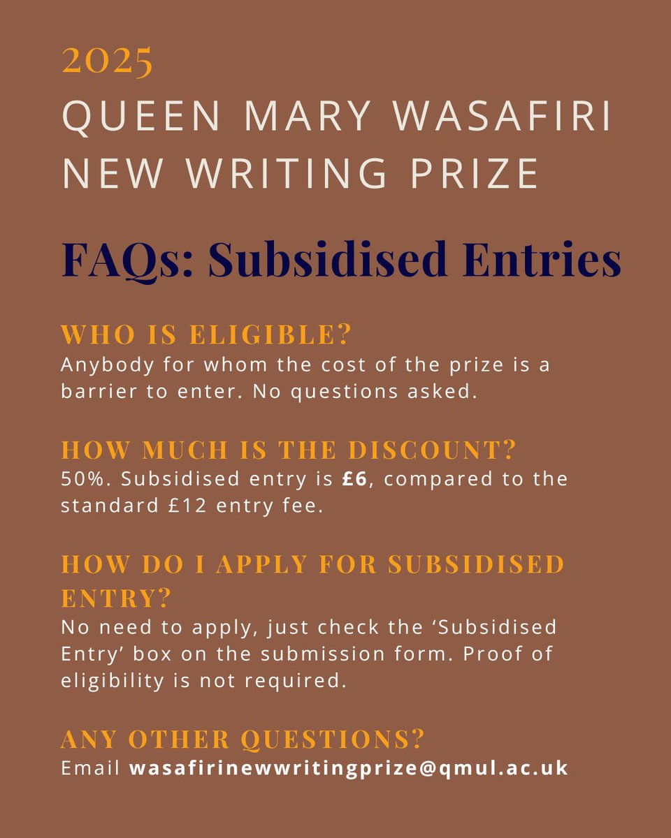 In an uneven global literary landscape, we believe the process of entering literary prizes should be as accessible as possible to all. 

That's why we're happy to offer subsidised entries. No need to apply and no questions asked!: 

wasafiri.org/writing-prizes…