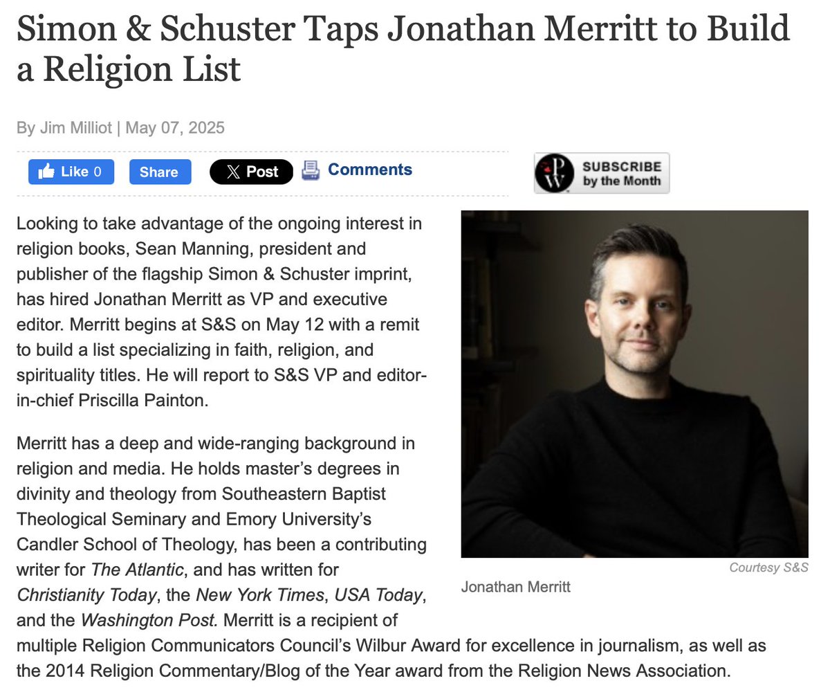 🚨Some Personal News - "Simon &amp; Schuster Taps Jonathan Merritt to Build a Religion List" via <a href="/PublishersWkly/">Publishers Weekly</a> <a href="/simonschuster/">Simon & Schuster</a> | publishersweekly.com/pw/by-topic/in…