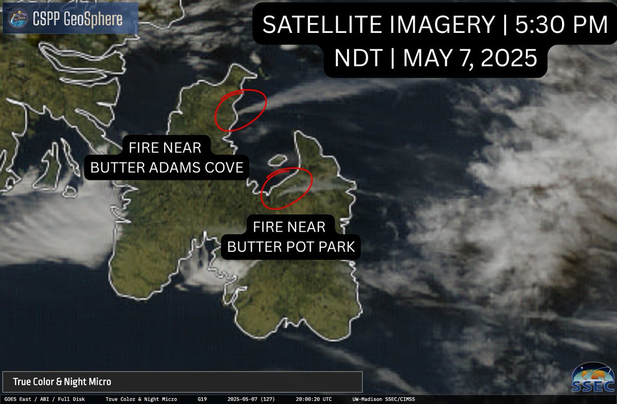 Satellite imagery clearly shows the smoke plumes from the fires burning near Adams Cove, Holyrood, and Butter Pot Park. The smoke coming into the Metro is from the fire burning near Holyrood. #nlwx