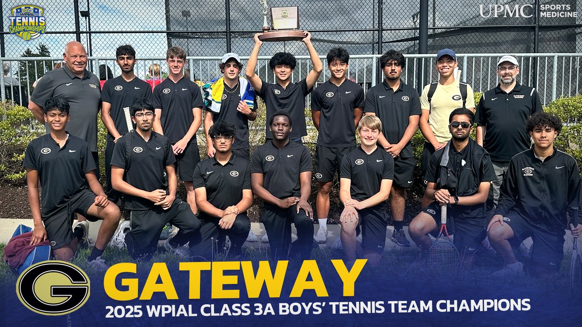 WPIAL (@wpial7) on Twitter photo ๐ ๐๐๐ ๐๐๐๐๐๐ ๐๐๐๐๐๐ ๐
With a 3-2 victory in today's championship match, <a href="/GatewayGatorsAD/">Gateway Athletics</a> is the WPIAL/<a href="/UPMCSportsMed/">UPMC Sports Medicine</a> Class 3A Boys' Tennis Team Champion - its second in three years! Congrats Gators! ๐
#WPIAL | ๐พ๐ ๐ ๐๐๐ ๐๐๐๐๐๐ ๐๐๐๐๐๐ ๐
With a 3-2 victory in today's championship match, <a href="/GatewayGatorsAD/">Gateway Athletics</a> is the WPIAL/<a href="/UPMCSportsMed/">UPMC Sports Medicine</a> Class 3A Boys' Tennis Team Champion - its second in three years! Congrats Gators! ๐
#WPIAL | ๐พ๐