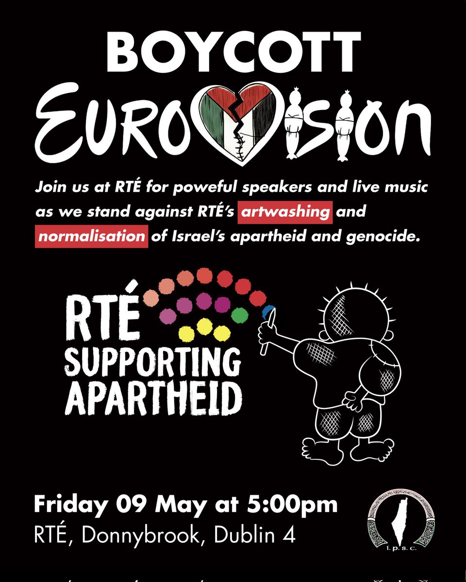 Eurovision is coming up and it should not be giving apartheid Israel a platform to artwash its genocidal crimes against Palestinians. Israel should be expelled, RTÉ should not go as long as it is participating. Join us Friday at RTÉ for  music and speakers
#BoycottEurovision2025