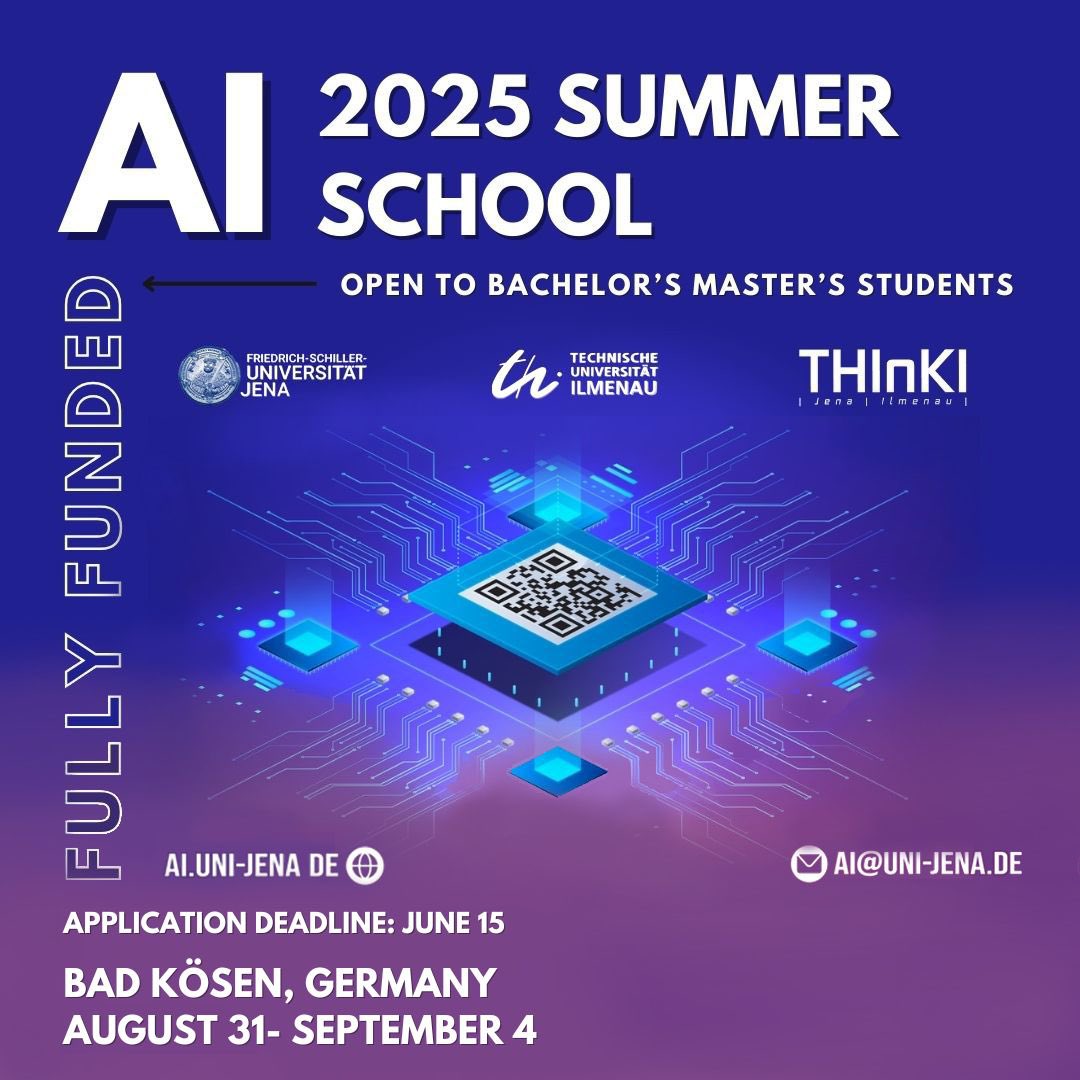 ELLIS Unit Jena (@ellis_unit_jena) on Twitter photo AI enthusiasts! 🤖
Apply now for the AI 2025 Summer School — a fully funded program for Bachelor’s & Master’s students!
📍 : Bad Kösen, Germany
📅 : Aug 31 – Sep 4
⏳ Deadline: June 15
Hosted by: @unijena, <a href="/TU_Ilmenau/">TU Ilmenau</a>, THInKI (tzlr.de/projects/think…)
🔗: ai.uni-jena.de AI enthusiasts! 🤖
Apply now for the AI 2025 Summer School — a fully funded program for Bachelor’s & Master’s students!
📍 : Bad Kösen, Germany
📅 : Aug 31 – Sep 4
⏳ Deadline: June 15
Hosted by: @unijena, <a href="/TU_Ilmenau/">TU Ilmenau</a>, THInKI (tzlr.de/projects/think…)
🔗: ai.uni-jena.de