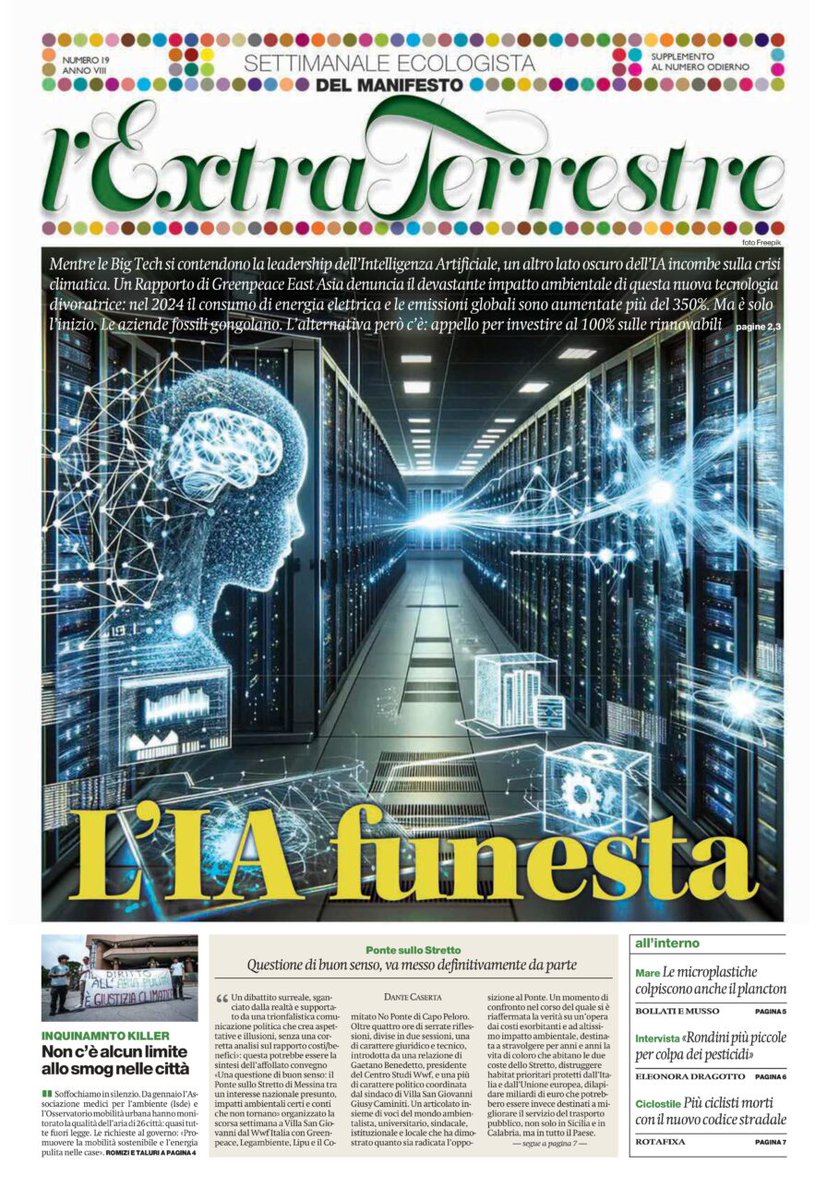 il manifesto (@ilmanifesto) on Twitter photo Oggi, in edicola con <a href="/ilmanifesto/">il manifesto</a> , l'ExtraTerrestre
Consumo di energia (fossile) più del 350% in un anno nel mondo. L’impatto ambientale devastante dell’Intelligenza Artificiale sul clima Oggi, in edicola con <a href="/ilmanifesto/">il manifesto</a> , l'ExtraTerrestre
Consumo di energia (fossile) più del 350% in un anno nel mondo. L’impatto ambientale devastante dell’Intelligenza Artificiale sul clima