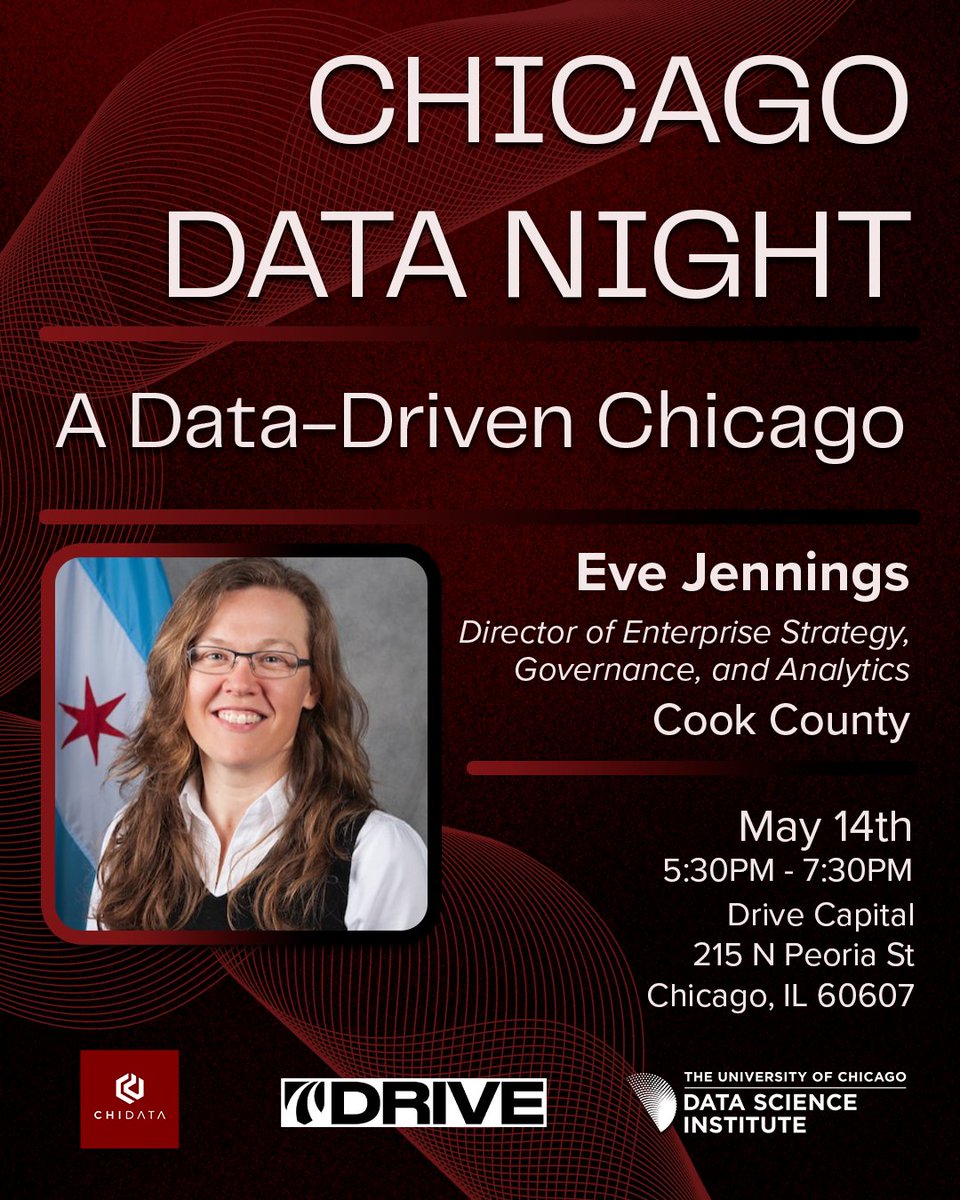 Data Science Institute (@dsi_uchicago) on Twitter photo Chicago Data Night is in one week!
Join our community of data science practitioners, academics, and aficionados and explore ‘A Data-Driven Chicago’ with Eve Jennings, Director of Enterprise Strategy, Governance, and Analytics for <a href="/cookcountygov/">Cook County Government</a>
datascience.uchicago.edu/events/chicago… Chicago Data Night is in one week!
Join our community of data science practitioners, academics, and aficionados and explore ‘A Data-Driven Chicago’ with Eve Jennings, Director of Enterprise Strategy, Governance, and Analytics for <a href="/cookcountygov/">Cook County Government</a>
datascience.uchicago.edu/events/chicago…