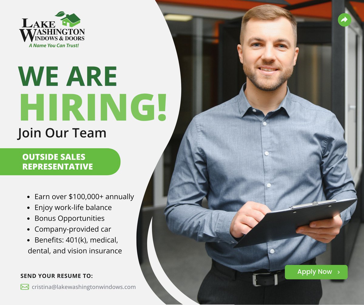 LakeWaWindows's tweet photo. Top pay. Flexible schedule. High-quality leads.
We’re hiring an Outside Sales Rep at Lake Washington Windows &amp; Doors!
Earn $100K+ and grow with a trusted, top-performing company.
Learn more and apply: https://t.co/LgJlFZZDAZ https://t.co/0lxeEvp2p7