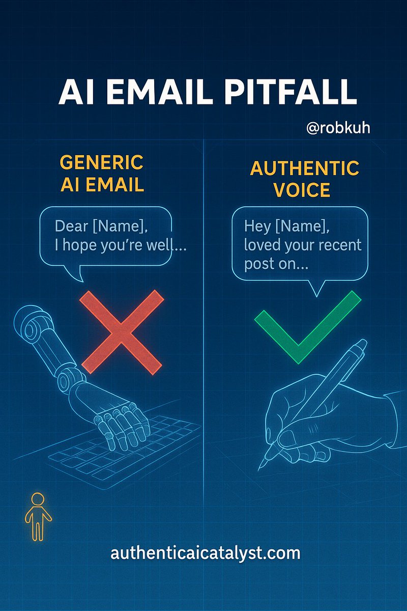 robkuh's tweet image. A client’s team used Outreach for AI emails, but they sounded generic and lacked the rep’s voice.

AI should amplify authenticity, not replace it. My Authentic AI Catalyst™ helps: authenticaicatalyst.com #AIpitfalls #AIinSales