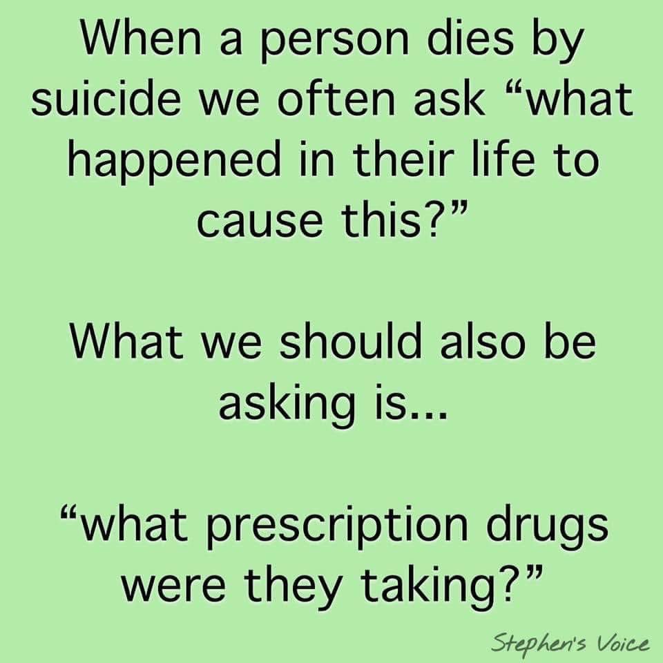There are around 500 medications that can cause depression, agitation, akathisia and suicidality, even when taken exactly as prescribed. 

Know the risks 👉🏼 rxisk.org/akathisia-depr…

#PrescribedHarmAwareness #PHADay #Akathisia #SuicidePrevention #StephensVoice