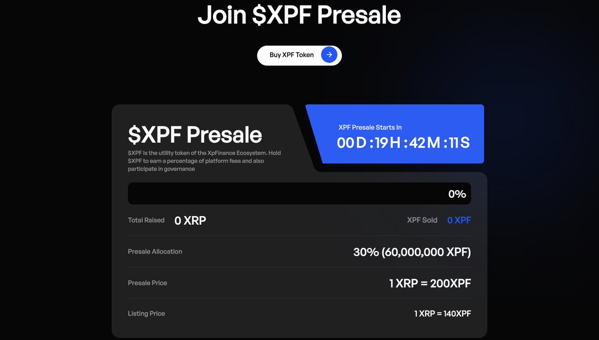 Xp.Finance | Lending & Borrowing On XRP (@xpfinancexrp) on Twitter photo <a href="/xpfinancexrp/">Xp.Finance | Lending & Borrowing On XRP</a> $XPF Presale Goes Live In Less Than 20 Hours!
$XPF Presale Details
XPF Total Supply: 200 Million $XPF
Presale Allocation: 60 Million $XPF
Presale Price: 1 $XRP = 200 $XPF
Presale Start Time: 8th May 2025, 4pm UTC
Presale Duration: 30 Days
Listing Price: 1 XRP <a href="/xpfinancexrp/">Xp.Finance | Lending & Borrowing On XRP</a> $XPF Presale Goes Live In Less Than 20 Hours!
$XPF Presale Details
XPF Total Supply: 200 Million $XPF
Presale Allocation: 60 Million $XPF
Presale Price: 1 $XRP = 200 $XPF
Presale Start Time: 8th May 2025, 4pm UTC
Presale Duration: 30 Days
Listing Price: 1 XRP