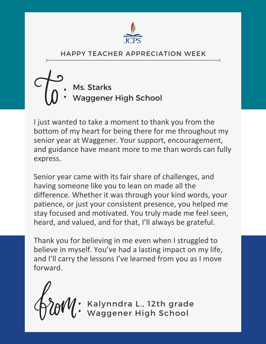 📝 FROM THE HEART | We invited JCPS seniors to write a letter to their favorite teacher. For #TeacherAppreciationWeek, we're sharing a few of the heartfelt responses. ❤️

"You truly made me feel seen,  heard, and valued, and for that, I'll always be grateful." ⬇️ #WeAreJCPS