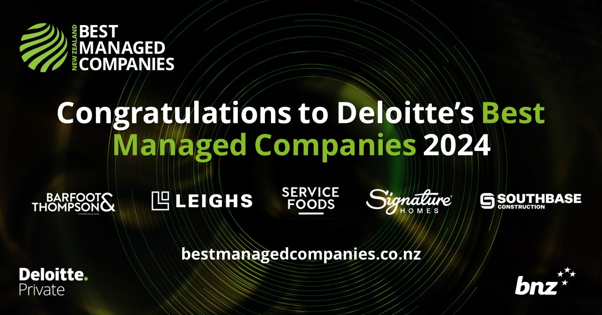 Congratulations to our 2024 #BestManaged Companies' winners: Barfoot &amp; Thompson, Leighs Construction, Service Foods, Signature Homes and Southbase Construction. Register your interest in our 2025 programme - delo.tt/6015N8IQl

#NZDeloittePrivate #BestManagedCompaniesNZ