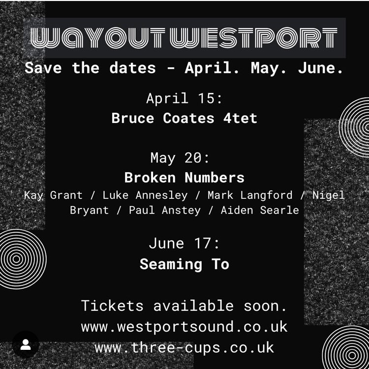 Gigs coming up 1/3: Broken Numbers at Wayout Westport, Three Cups, Malmesbury on Tues 20th May. Tickets here trybooking.com/uk/events/land…