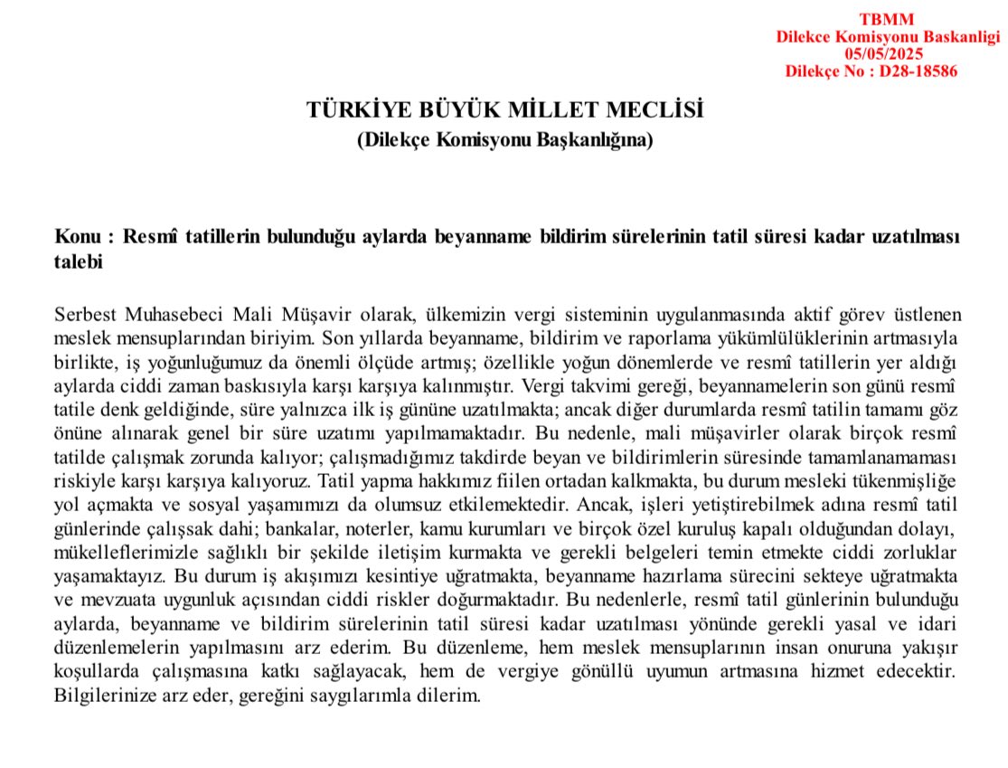 TBMM sunulan “Resmî tatillerin bulunduğu aylarda beyanname bildirim sürelerinin tatil süresi kadar uzatılması talebi” dilekçesini imzalayabilir misiniz?

İmzalamak için;

edilekce.tbmm.gov.tr adresine giriyoruz.

Menüden Katılıma Açılan Dilekçeler kısmına giriyoruz.

Search