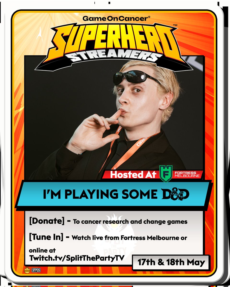 TheAverageRook's tweet image. It's happening! Ya boi's joining @SplitThePartyTV on May 17-18 for some D&amp;amp;D, raising for the @GameOn_Cancer charity! It's gonna be EXTREME!!! 😎

More details eventually! 🙏

#GameOnCancer #DND