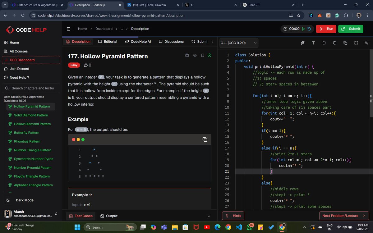 Satao_Akash_17's tweet photo. 🚀 Day 82 of #100DaysOfCode
📅 DSA Revision | Day 27
🎯 Focus: 'X' Pattern
⭐ Print stars where (i==j) or (i+j==n+1) in an n×n grid
🧠 Sharpening logic with dual conditions & symmetry
💥 Each pattern = stronger logic muscle!
#DSA #CodeHelp #XPattern https://t.co/wF2KDJbRF8